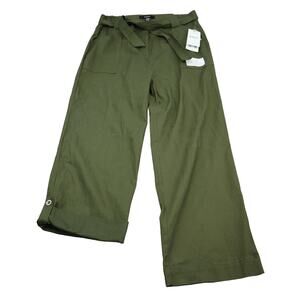 Kaktus Pants Womens L Green Wide Leg Straight Roll Tab Hem Belted Casual Trouser